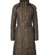 Cozy yet ultra-chic, this long quilted coat from Belstaff is the ultimate outfit topper - Stand collar, hood with snaps and toggle, front zip closure, quilting at shoulders and on sleeves, belted waist, zip pockets and cuffs, flap hip pockets - Pair with slim trousers, a blouse, and ankle booties