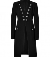 Rock n roll style goes regal with this sliver button-laden riding-style jacket from Just Cavalli - Stand collar, large folded down lapels with button details, fitted waist with hook and eye closure - Button-detailed patch pockets, open front, back pleating detail - Wear with a fitted mini dress or leather leggings and an oversized blouse