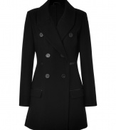 Sleek and sophisticated, this flattering wool coat pairs perfectly with a cocktail sheath or an off-duty ensemble - Large spread collar, double-breasted silhouette, front button placket, leather trimmed waistline and flap pockets, fitted - Wear with a sheath dress, platform pumps, and a clutch