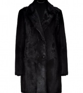 Ultra-luxurious formal coat of fine, black goat hair in classic Jil Sander timelessness - Features a narrow silhouette with a double button row,  moderately deep lapel, comfortable thigh length and long sleeves - Versatile coat is perfect for business with a pants suit, pencil skirt or even to dress up jeans