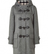 The perfect fusion of form and function, Burberry Brits medium grey Minstead duffle coat is a timeless investment in iconic heritage style - Slim, straight cut hits mid-thigh - Classic leather toggle closure, signature Burberry check-lined hood and oversize flap pockets at hips - A modern must ideal for any number of occasions - Pair with everything from jeans and a cashmere pullover to suit trousers and a blazer