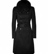 Cover up in luxe style with this fur-trimmed satin trench from Burberry London - Large fur collar, long sleeves, epaulets, front button placket, double-breasted, belted waist, flap pockets, buttoned back yoke, back vent - Wear with an elevated jeans-and-tee ensemble or a cocktail look