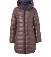 A sleek outer shell and elegant contrast trim lend this Duvetica down jacket its sporty and stylish edge - In a lighter weight, wind- and water-resistant taupe polyamide - Slim cut fits close to the body for extra warmth and tapers through waist - Full zip, grey fabric-lined hood and oversize diagonal zippered pockets at sides - Perfect for cold weather casual looks including jeans, cords, chinos and ski pants