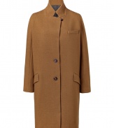 Elegant tweed coat of a fine, caramel-colored lamb wool mix - Silhouette is long and straight - Features darts, decorative collar, reduced placket and flap pockets - Gorgeous all-around coat works with everything from jeans to cocktail dresses