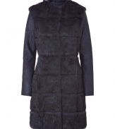 Bring ultra-luxe appeal to your cold weather look with this statement-making leather and fur combo coat from Matthew Williamson - Round neck, long leather sleeves, front and back quilted fur panels, jewel-embellished shoulders, fitted silhouette - Pair with a fitted sheath dress and heels