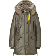 Whether youre hitting the city or the slopes this season, Parajumperss sage down parka is a sporty-luxe cold-weather essential - Water- and wind-resistant outer has an elegant, light sheen - Slim cut style hits mid-thigh - Full zip and supplementary button placket - Elbow patches and decorative contrast yellow trim - Raccoon-trimmed hood features a rabbit lining -  Two vertical flap pockets at chest, two oversize flap pockets at hips and single skinny pocket with drawstring - Fashionable and functional, a stylish must for all casual winter looks