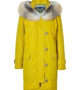 Luxurious parka in fine synthetic fiber - Eye-catching in gold olive and fox fur trimmed hood - Narrow with a thigh length hem, zipper, off-centered placket and patch pockets -  Fashionable and functional hit suitable for all outfits of the season