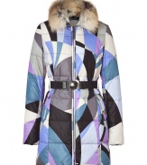 The classic Pucci print covers this super chic fur-lined down coat that will add high style to your cold weather look - Fur-trimmed spread collar, long sleeves, front zip closure, elasticized waist belt, quilted, all-over print - Wear with skinny jeans, a cashmere sweater, and shearling ankle boots