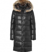 Stay warm while maintaining your impeccable style in this lightweight yet luxe down jacket from Duvetica - Fur-trimmed hood, stand collar, concealed front two-way zip closure, long sleeves, zip pockets, quilted, mid-thigh length - Wear with an elevated jeans-and-tee ensemble and shearling lined boots