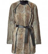 With its cool pieced patterning and exquisitely soft rabbit fur, this belted coat from Faith Connexion is a luxury investment tailored to multi-season sophistication - Collarless, long sleeves, leather accents, self-tie sash, slim fit - Style with a crisp white top, leather leggings, and chic ankle boots