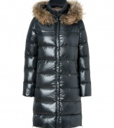 Add luxe style to your cold weather look with this full-length Duvetica down coat with a fur-trimmed hood - Fur-trimmed hood, stand collar, long sleeves dual-zipper front closure, zip pockets, quilted, slim fit, full-length - Wear with an oversized pullover leather leggings or skinny jeans, and ankle booties