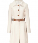 Elegant coat in fine wool with a classic, slim fit - Features a generous collar, half placket of contrasting buttons, side slit pockets and long sleeves - Flattering silhouette gets a feminine touch with a decorative belt - A modern classic that looks great with most any outfit