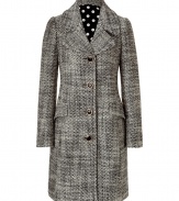 Stylish tweed coat made ​.​.from fine pure new wool - Mottled color combination in black and ecru - Slim and straight cut, classic short length - The details: four button front, long sleeves, wide lapels, big pockets, polka dot lining - Typical transitional coat that can be combined in various ways and can be worn over the years - Wear with a pencil skirt, jeans, straight cut trousers