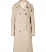 Stylish coat in fine wool blend - A modern classic in an elegant shade of speckled taupe - Slim, double-breasted silhouette, hits just above the knees - Wide lapel, angled welt pockets and back slit detail - Polished and versatile, easily dressed up or down - Pair with everything from slim jeans and wide-leg trousers to cocktail dresses