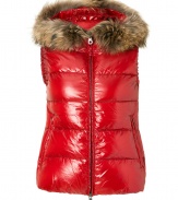 Sporty goes chic with this luxe fur-trimmed down vest from Duvetica - Fur-trimmed hood, dual-zipper front closure, zip pockets, quilted, slim fit - Wear with an oversized pullover leather leggings or skinny jeans, and ankle booties