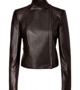 Invest in timeless luxury this season with Akris exquisitely soft lambskin jacket, detailed in rich espresso leather for a flawlessly modern finish - Short stand-up collar, long sleeves, slit cuffs, off-center front zip, front slit pocket, internal button closure - Cropped, tailored fit - Pair with minimalist separates and sleek, streamlined accessories