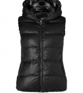 Sporty and sleek, this wool-cashmere down vest from Duvetica is a cold weather must-have - Hood with decorative zipper trim, dual-zip front closure, sleeveless, zip pockets, quilted - Slim fit - Wear with an oversized pullover leather leggings or skinny jeans, and booties