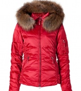 With its allover sheen and radiant red hue, Jet Sets quilted down parka is a must for sporty ski-chic looks - Stand-up collar with raccoon trimmed hood, ruched long sleeves, ribbed knit cuffs, two-way front zip, zippered pockets, longer back, printed lining with zippered and snapped pockets, inside zip-away fitted waist band with snap closures and silicon around the bottom for hold - Form-fitting - Wear with sporty trousers and winter weather boots