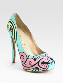 Luxurious satin pump with a whimsical swirl print in candy-colored hues. Self-covered heel, 5 (125mm)Hidden platform, 1 (25mm)Compares to a 4 heel (100mm)Printed satin upperLeather lining and solePadded insoleMade in Italy