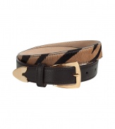 Luxurious belt made ​.​.of fine calfskin - Fashionable zebra look in brown and natural - Cut narrow and simple with an elegant, gold-colored buckle - A top accessory you can wear in many ways: over tunics and dresses (accentuates the waist), with the new wide flared pants (focuses on the hips)