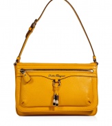 Classic with a twist, this signature Salvatore Ferragamo bag boasts luxe details and an elegant design - Small rectangular shape, bright colored leather, short shoulder strap, front flap, front zipper pocket with silver-tone logo hardware and tassel detail - Great for everyday use or for casual cocktails