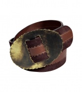 Luxe belt in fine, ultra-supple two-tone brown suede and lambskin - Serrated-edge leather strip and oversize, oval brass buckle have an elegant, antique look - Rustically chic, the perfect compliment to bohemian basics - Pair with a tunic top or blouse and slim pants or a maxi skirt