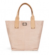 Chic handbag in fine, pure nude snake embossed leather - Practical tote style with two short, contrast beige handles - Open top and magnetic closure - Tonal topstitching, alloy hardware and logo plaque at center - Fully lined, with one zip and two open interior pockets - Height: 14 - Width: 15 - Diameter: 7 - Versatile and stylish, seamlessly transitions from work to weekend