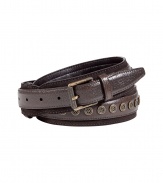 Cinch your look with fashion-forward style with this ultra-chic leather belt from Belstaff - Two-layer textured leather belt with brass-tone hardware and stud details - Pair with skinny jeans or shorts