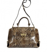 Invest in classic style with this luxe python tote from Salvatore Ferragamo - Front flap with gold-tone Gancini detailed closure, top carrying handle, adjustable and convertible shoulder strap, Gancini side detail, back zip pocket, natural python leather - Great for everyday use or for off-duty chic