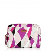 Get up and go glamorously with Puccis elegantly eye-catching cosmetic case - Zip top style in a vibrant pink, silver and purple graphic print - Leather accents, stitch trim and signature logo plaque - Durable plastic protects against dust and moisture - Convenient and practically sized to house all of your beauty essentials - Great for travel, also makes a superb gift