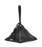 Luxurious bag designed by Jil Sander in fine black deerskin - Cool, modern pyramid-shaped, with zipper, convenient hand strap and logo tag - Holds just the minium while maximizing style - Great alternative to a traditional clutch, perfect for your next evening event