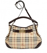 The classic Burberry check print covers this versatile must-have hobo bag - Slouch hobo shape, top carrying handle and convertible shoulder strap, belted leather trim with logo hardware, leather panels at bottom - Perfect for everyday use or off-duty cool