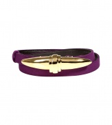 Punctuating your wardrobe with sleek sophistication is a cinch with Donna Karans violet-hued skinny belt - Luxuriously crafted in viscose and supple black calf leather - On trend, adjustable slim style with glamorous gold brooch buckle - A bold and polished compliment to streamlined ensembles - Pair with a crisp white button down and leather leggings, or with a pencil skirt and long cashmere cardigan