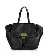 Enviable handbag in fine black leather has a classic shape perfect for the modern world - Designed by Marc Jacobs with a spacious bulbous body, two short handles, flap, buckle and zipper pulls - Decorative gold-color logo plate - High quality, functional design for everyday use