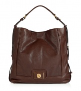 Classic bag designed in rich, dark brown leather is perfect for any fashionable fall wardrobe and beyond - Designed by Marc Jacobs in a spacious hobo shape with a short handle,  golden logo plaque, lock and buckle details - Great everyday bag for work or leisure