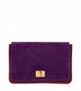 Luxury clutch of ruby-colored calf leather with violet suede flat - Gold-colored locking twist - Trendy, thin square-shaped envelope style - Sophisticated statement piece that looks great with a cocktail dress, or leather pants and blouse, and heels