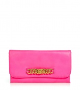 Stylish clutch of pink, soft leather - Classic, elongated shape in a practical size - Flap features decorative gold-colored chain element - Inside zip pocket - Pair with cocktail dress or skinny jeans, sexy tank and heels