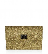 Pack a seriously stylish punch with this glitter-covered clutch from cult-favorite accessory designer Anya Hindmarch - Classic rectangle shape, front 14kt gold-plated twist-lock closure, allover glitter embellishment - Style with a sleek cocktail frock or a flirty club-ready look