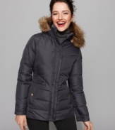 Get ready for winter with a chic faux-fur trimmed puffer from Larry Levine. The fitted, shorter silhouette means plenty of warmth with less bulk.