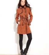 The classic trench gets a chic update with faux-leather trim and tweed on this Kensie style -- a hot fall staple!