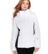 A performance jacket from Calvin Klein features down-blend fill without puffer quilting for a sleek look. Ample external and internal pockets make stashing your gear easy on or off the slopes!