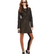 Bar III Front Row fashion-forward coat features mixed materials for a modern take on outerwear.