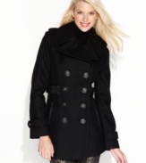 Turn up the style volume with this fab wool-blend pea coat from Miss Sixty. Featuring faux-leather details and a back-facing belt, this look is ready to rock the winter cold!