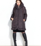 Tahari's plus size puffer coat looks extra plush with a soft pillow collar and ruched details.