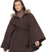 Functional yet stylish, Lauren Ralph Lauren's chic microfiber poncho is crafted with faux-fur trim at the hood and a belt at the waist for a modern look.