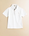 The beloved classic in pure cotton with woven placket trim.Ribbed polo collar Short sleeves Front button placket with woven check trim Embroidered chest logo Cotton Machine wash Imported Please note: Number of buttons may vary depending on size ordered. 