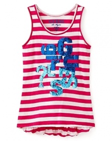 Bold stripes, a ruffled hem and an ultra glam sequin printed logo adds instant pop to a cotton tank from GUESS Kids.