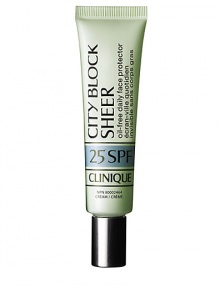 Super City Block Sheer Oil-Free Daily Face Protector SPF 25. Sheer high-level broad-spectrum UVA/UVB daily sun protection. Lightweight formula helps wick away perspiration, absorb excess oils so makeup looks fresher, longer. Perfect alone or as an invisible under-makeup primer. No chemical sunscreens. Appropriate for eye-area and sensitive skins. 1.4 oz. 