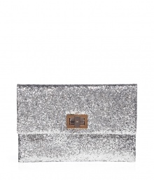 Luxe clutch in fine, pure silver leather and cotton/PVC - A covetable cocktail essential from London It-label Anya Hindmarch - Glam, glitter fabric - Classic envelope shape with 14kt gold-plated turnlock flap closure - One interior open pocket - Suede lining - Height: 6.5 - Length: 9 - Diameter: 0.5 - Elegant and eye-catching, a must for parties and evenings out!