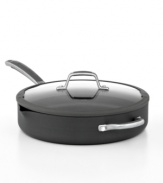 Easy cook, easy go! Perfect for prep, this hard-anodized aluminum vessel features etched interior fill lines that measure dry & wet ingredients to cut the guesswork out of cooking. Plus with convenient pour spouts and a tight-fitting tempered glass lid with silicone rim & built-in drain holes, this sauté pan guarantees less mess & more ease. Lifetime warranty.